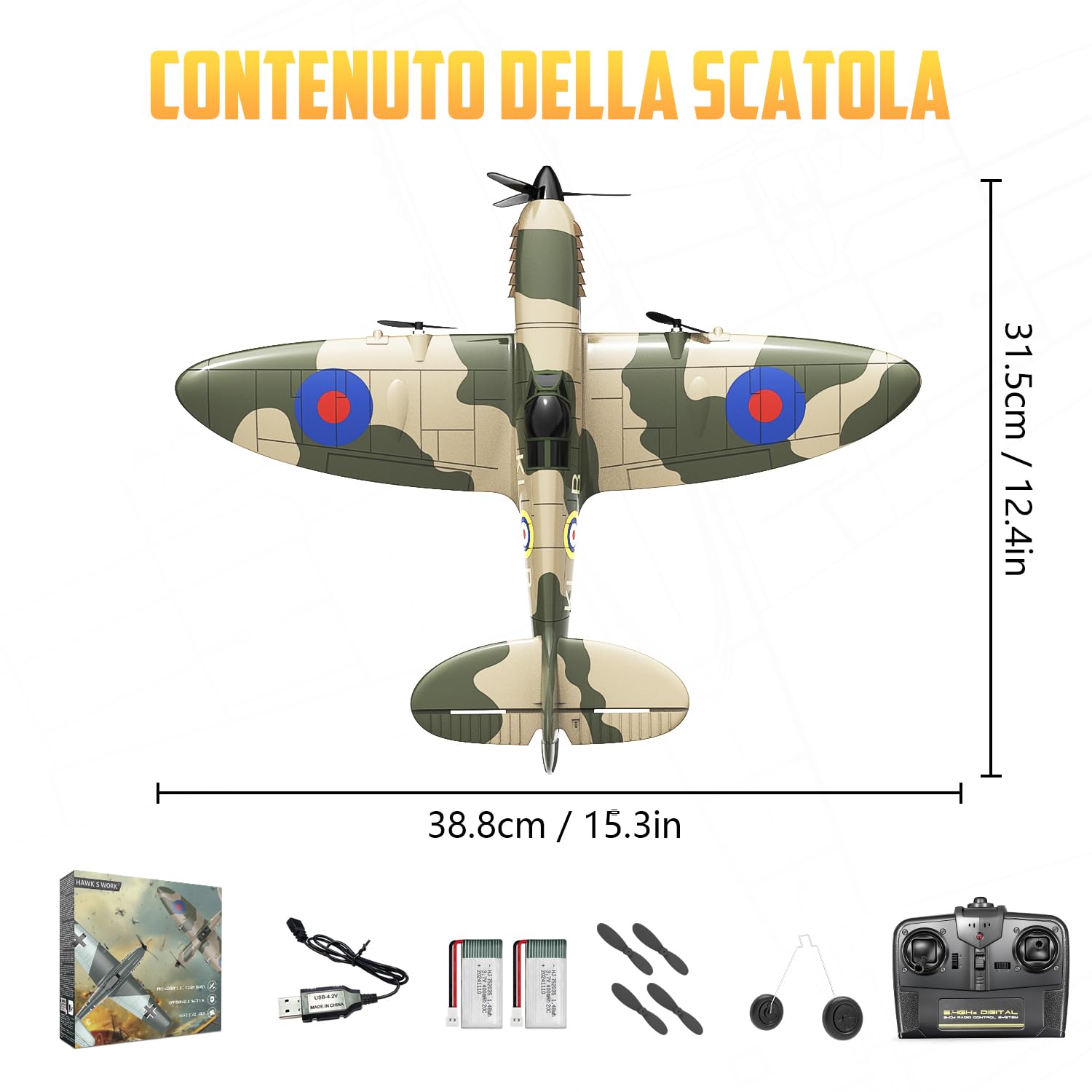 HAWK'S WORK Aereo RC a 3 Canali Spitfire Fighter, Elicottero da Guerra Telecomandato Pronto a Volare, Stabilizzatore Giroscopico a 6 Assi a 2.4GHz, Facile da Pilotare per Bambini e Principianti