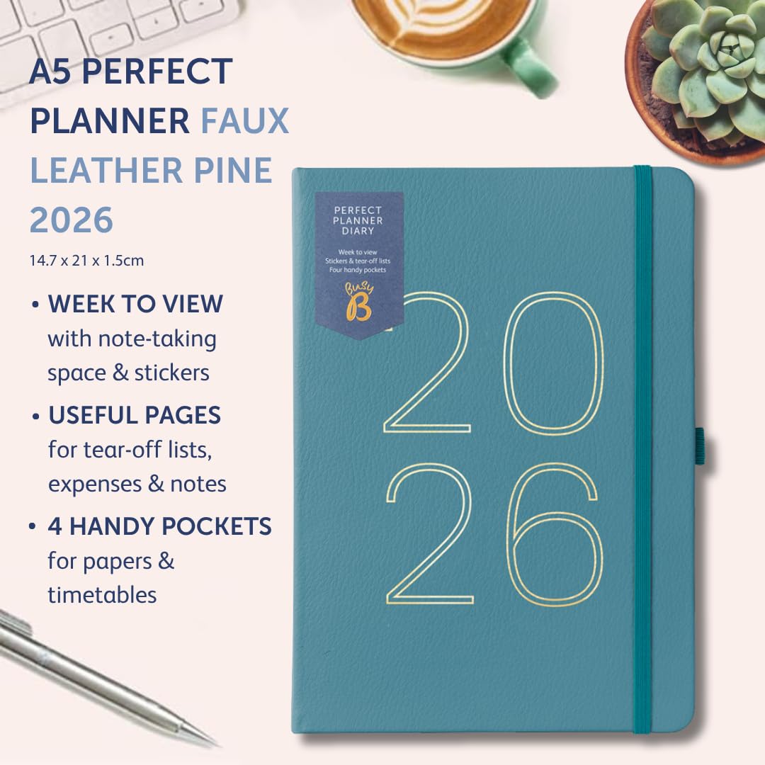 Busy B Agenda 2026 - A5 weekplanner met takenlijsten en notitiepagina's - werk, school, kantoor goud spray kunstleer dagboek - week-to-view lay-out, 3 zakken en jaarplanner
