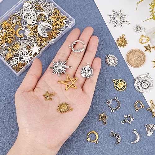 SUPERFINDINGS 2 Bags 2 Colors Sun Moon Star Jewelry Making Charm Tibetan Style Pendants Smooth Tibetan Silver Metal Charms Pendants for DIY Craft Jewelry Making - Image 3