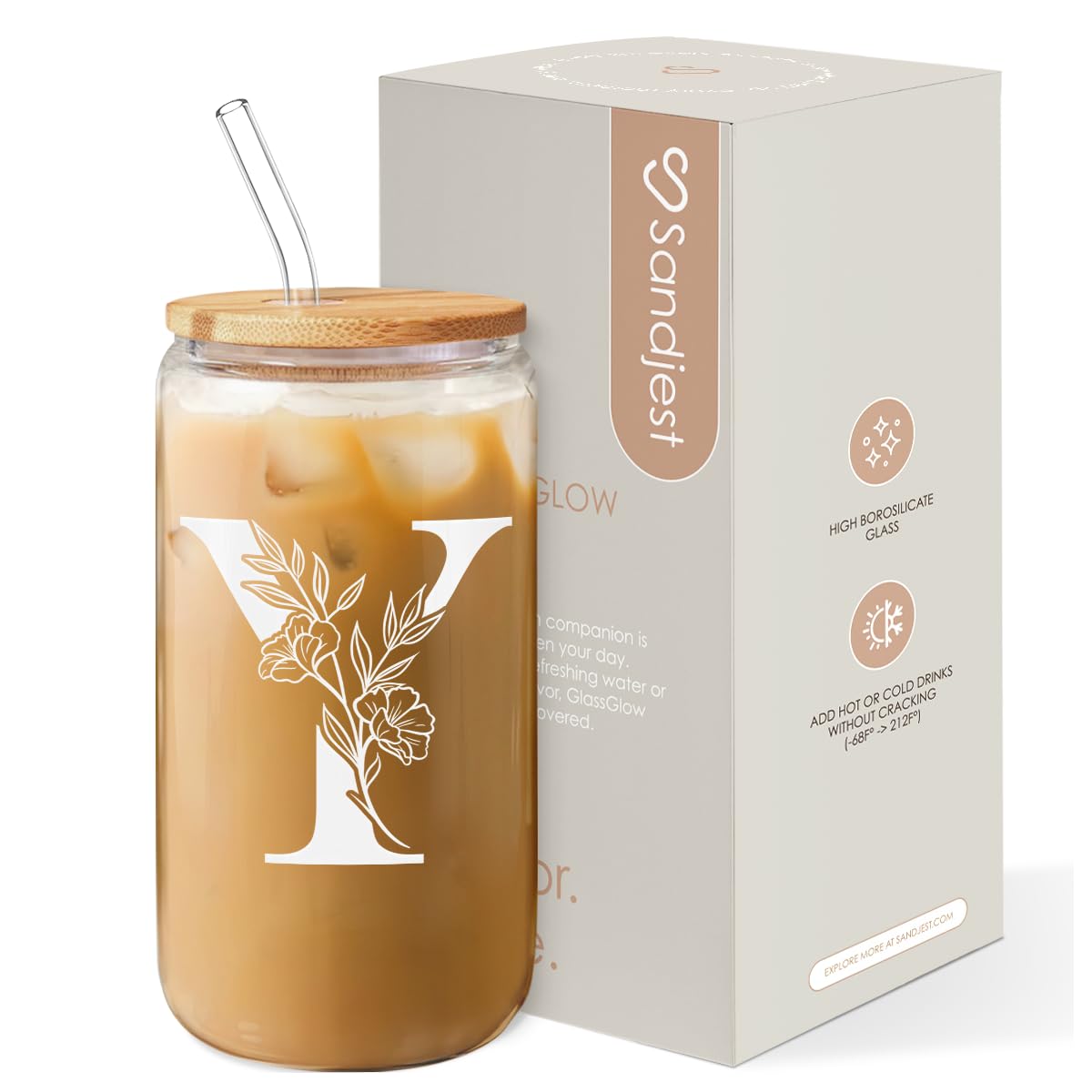 SANDJEST Monogrammed Gifts for Women - Monogram Y Initial Glass Cup 16 Oz Can Coffee Cups with Lid and Straw - Monogram Initials Gifts for Womens on