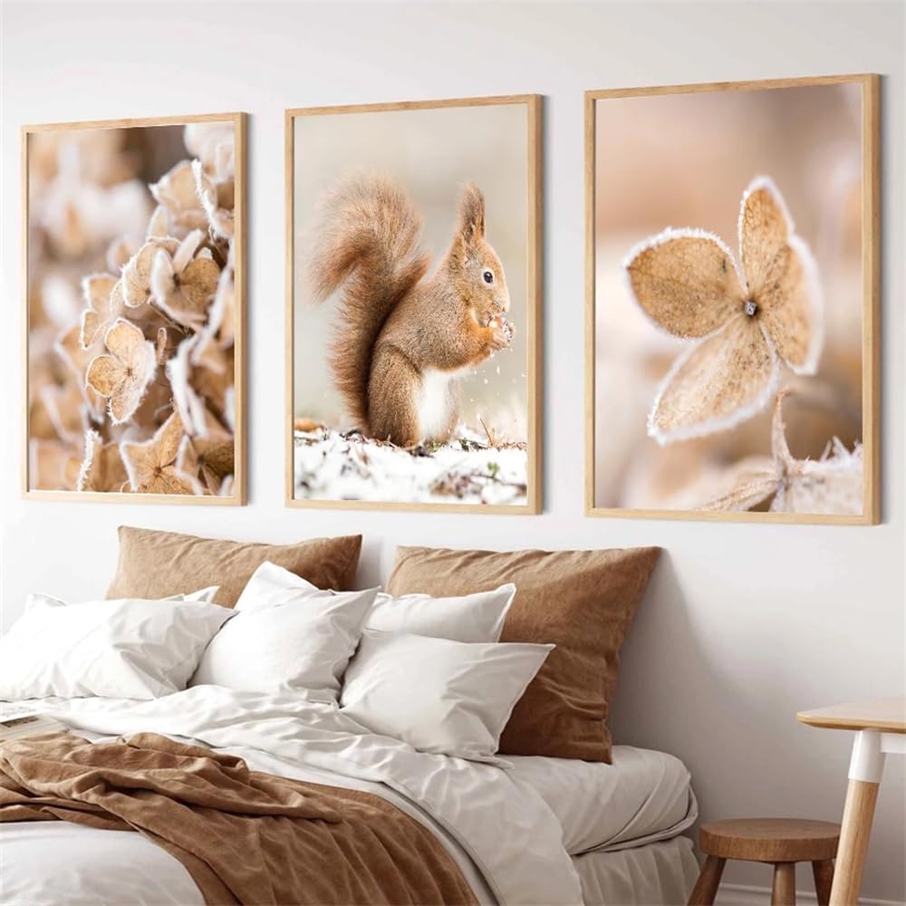 WBYZAC Botanical Posters-Winter Snow Scenery Picture Wall Art Canvas Painting Will Bear Elk Leaves House Poster and Print for Home Bedroom Kitchen Room Decor-60 * 70cm*3PCS (No Frame)