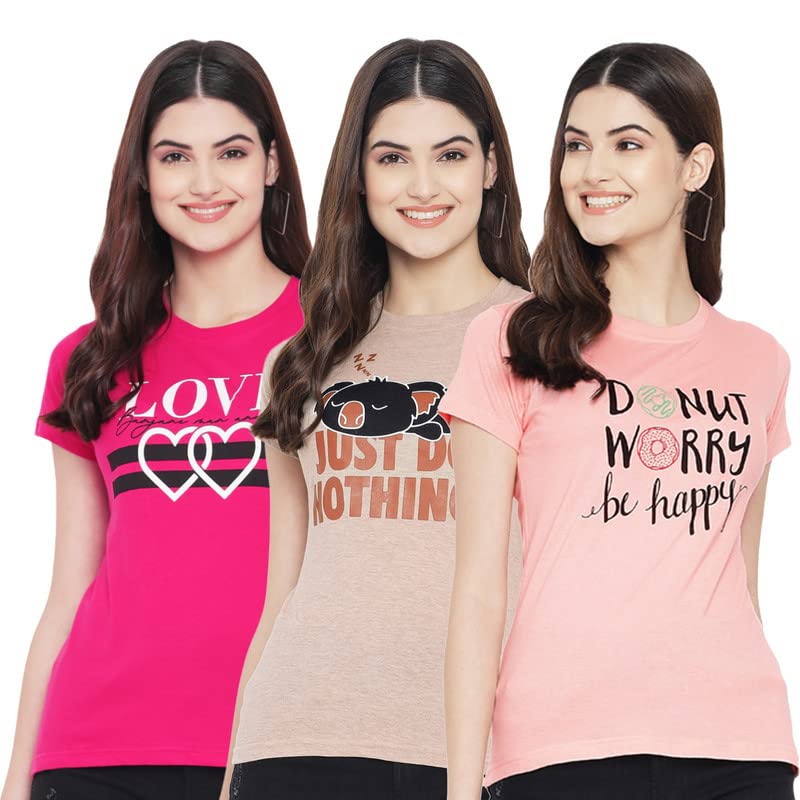 Image of Preneum Women's Cotton Regular Fit Graphic Stylish Printed Short Sleeves Casual T-Shirt || Trend & Style (Pack 3)