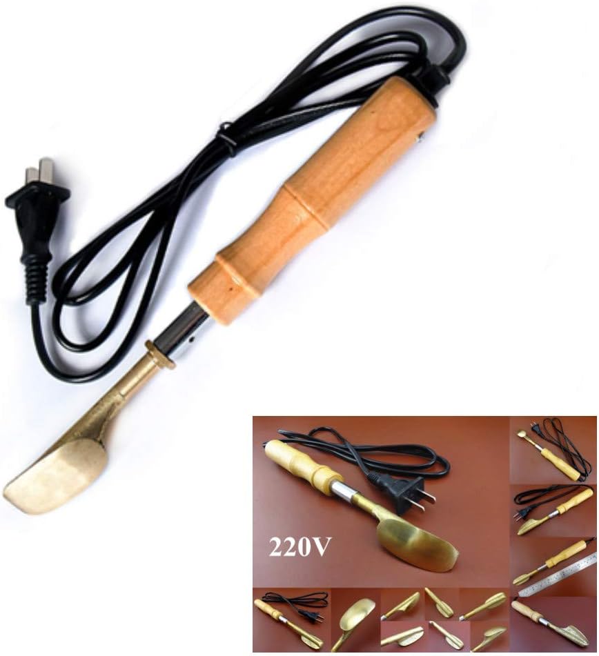 Handle Electric Mini Leather Iron 220V Wrinkles Removing Smoothing for Leather Clothes Leatherwear Bag Shoes Ironing with Anti-scalding Tape (Wooden Handle, 50W 150℃ Unadjustable Temperature)