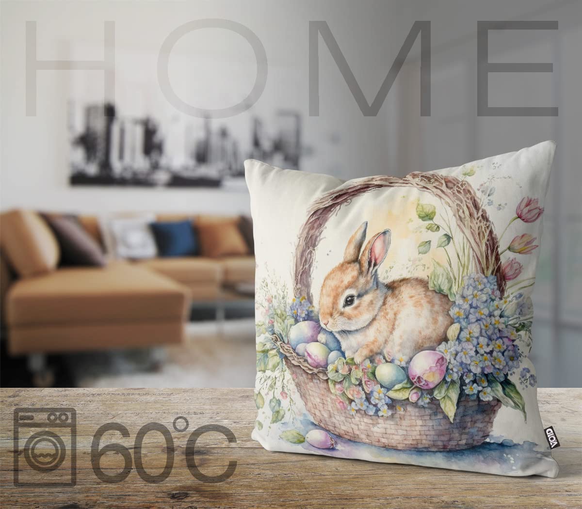 VOID Kleiner Hase Osterkorb 55x55 Kissenhülle Polyester Zierkissen Couchkissen Ostern Osterdeko Deko