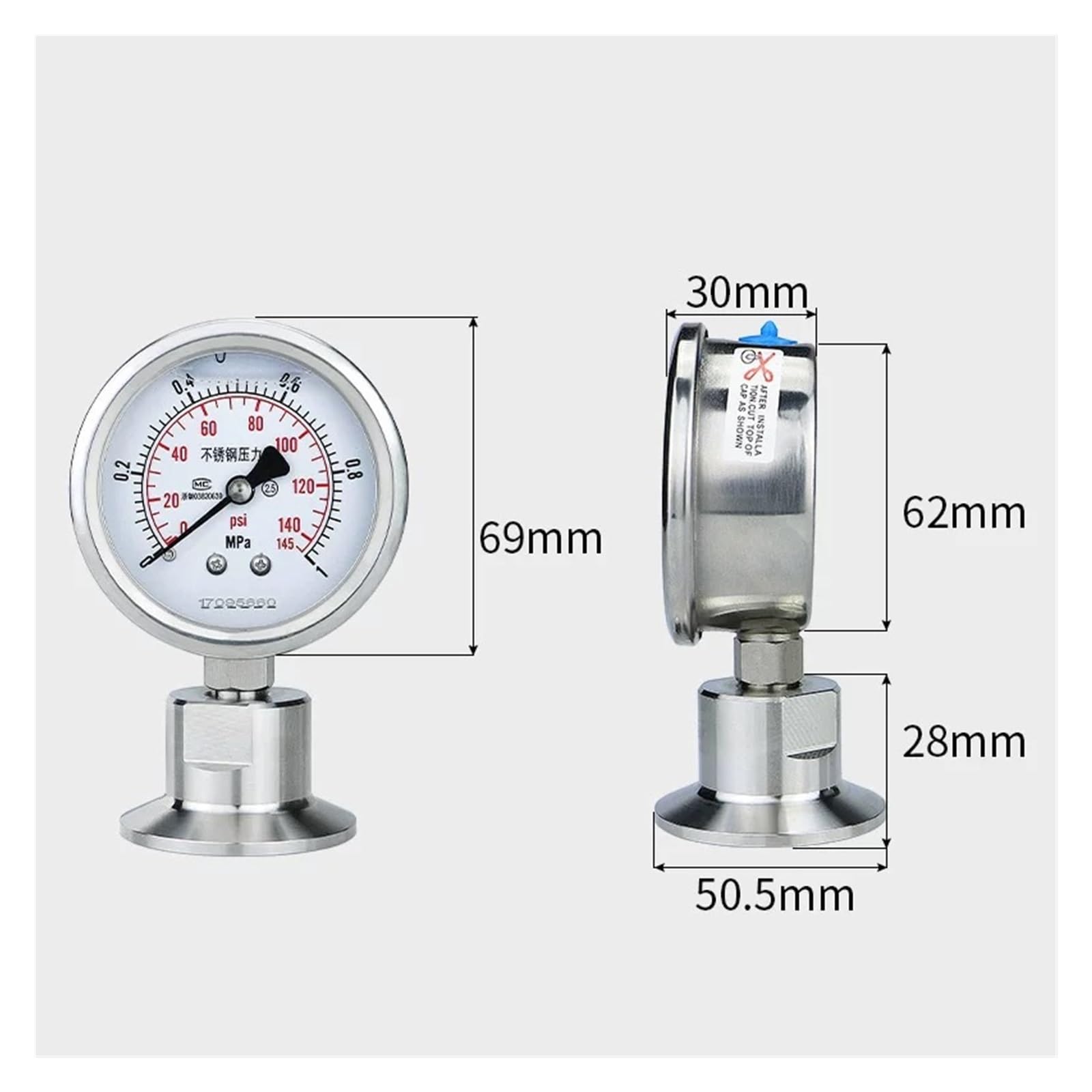 Manómetro, Manómetro de diafragma acero inoxidable SS316L TC50.5mm/64mm Bar/psi y Psi/mpa(TC 50.5mm,0-16bar)