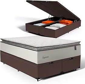 Cama Box Baú com Colchão de Molas Ensacadas Pillow Top Supreme Lux (Marrom, Queen)