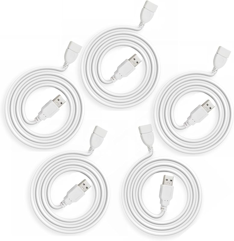 White USB Extension Cable 3ft 5 Pack Bulk, USB A 2.0 Male to Female Extender Cord for Printer, Mouse, Keyboard, 480Mbps Transfer Speed