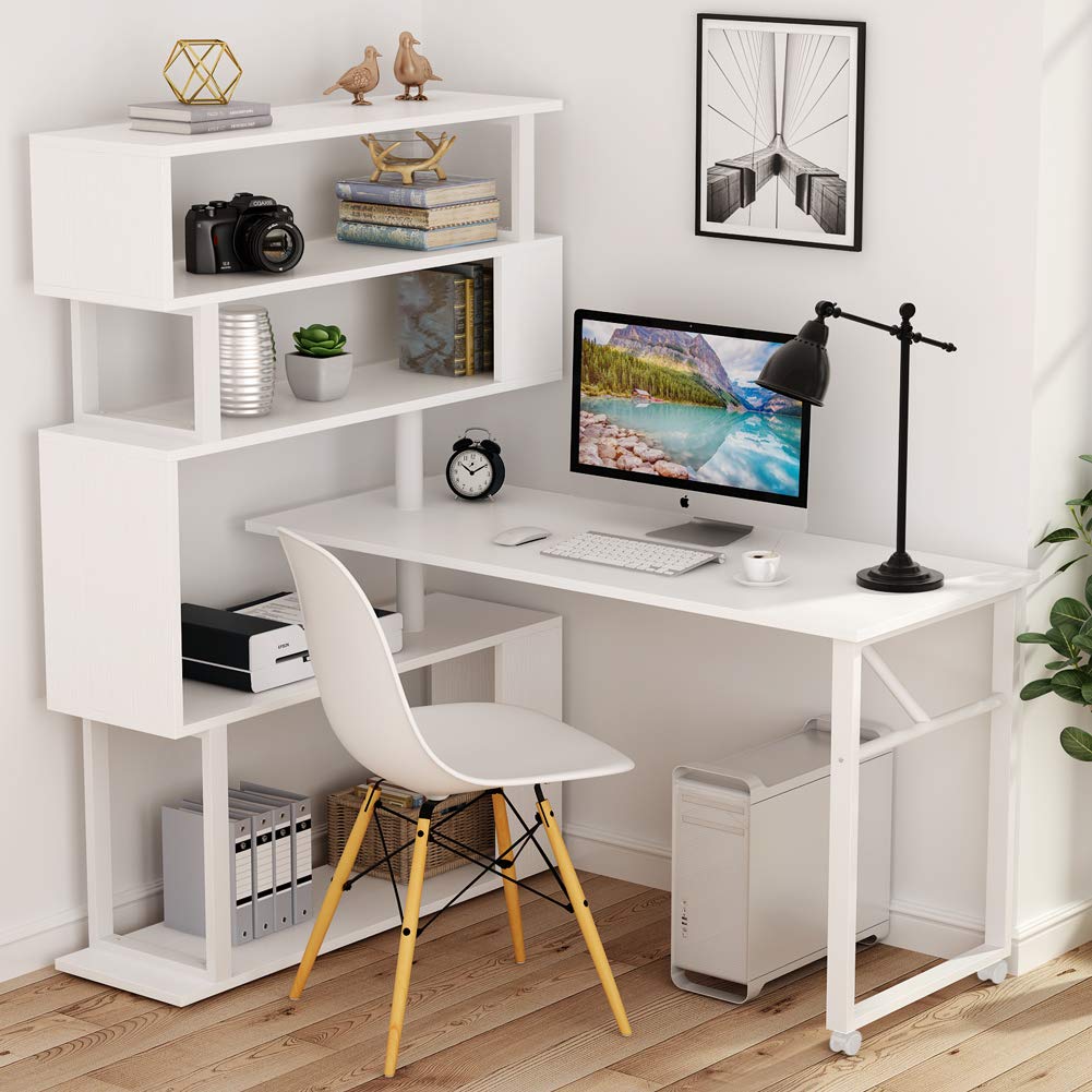 Tribesigns Rotating Computer Desk with 5 Shelves Bookshelf, Modern L