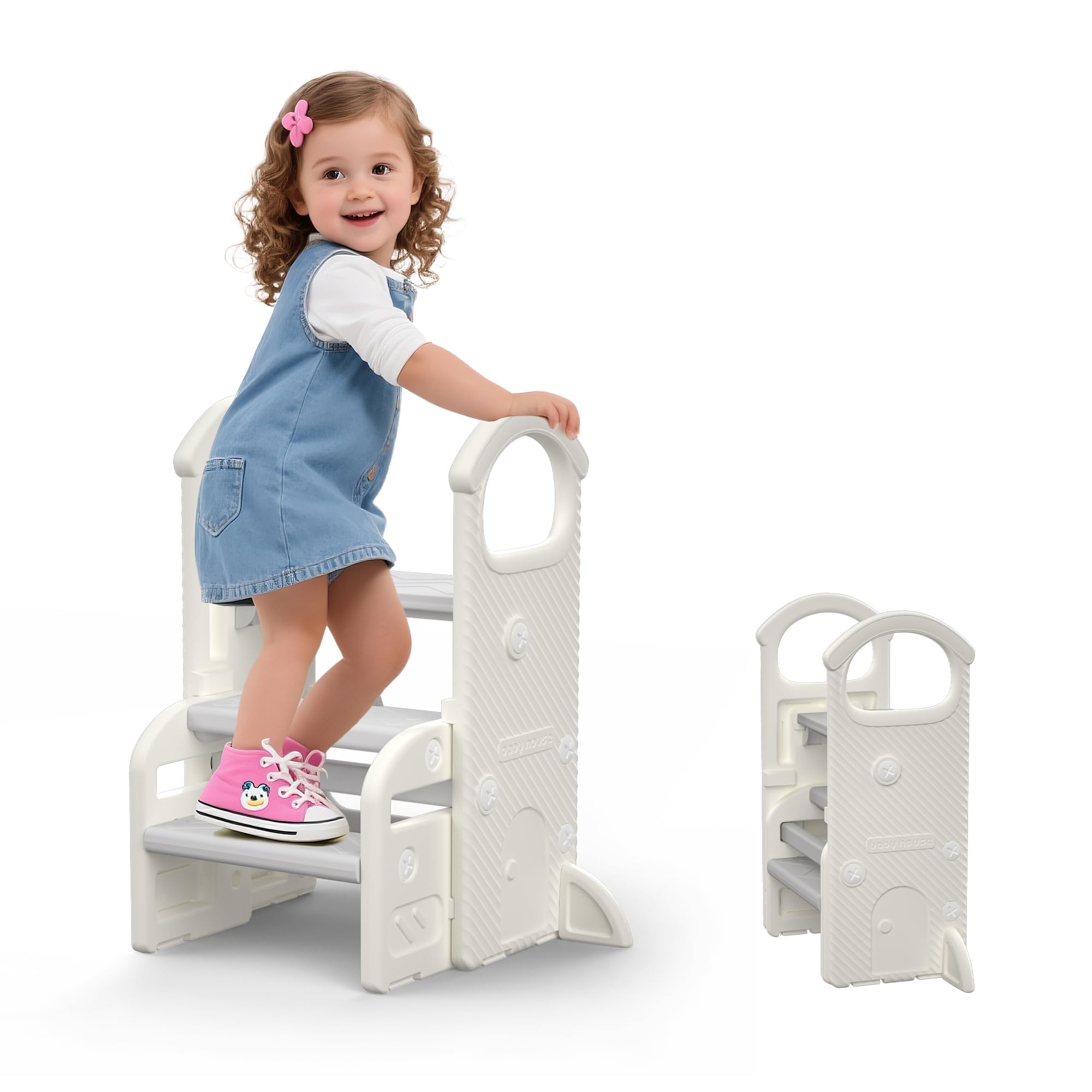 hoopyosms Taburete Infantil con Asas, Escalón Ajustable de 2 a 3 Niveles, Compacto y Antideslizante para Baño, Cocina, Inodoro y Lavabo(Gris)