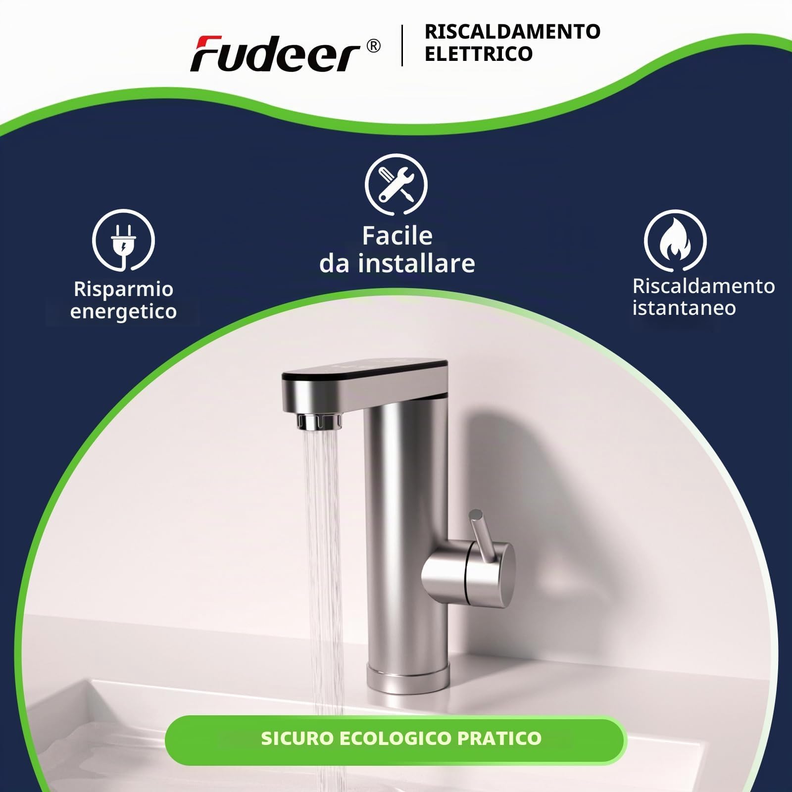 rubinetto con scaldabagno 230V, 3.3KW Rubinetto elettrico per bagno con display digitale (30-45℃), Riscaldamento rapido, Beccuccio girevole a 120°, Acciaio inossidabile 304 (Argento)