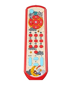 Baby TV Remote Control Toy with Lights & Music 3 Language Modes English French Spanish Sensory Learning Toy with Numbers Colors & Sound Effects Educational Pretend Remote for Kids (Red)