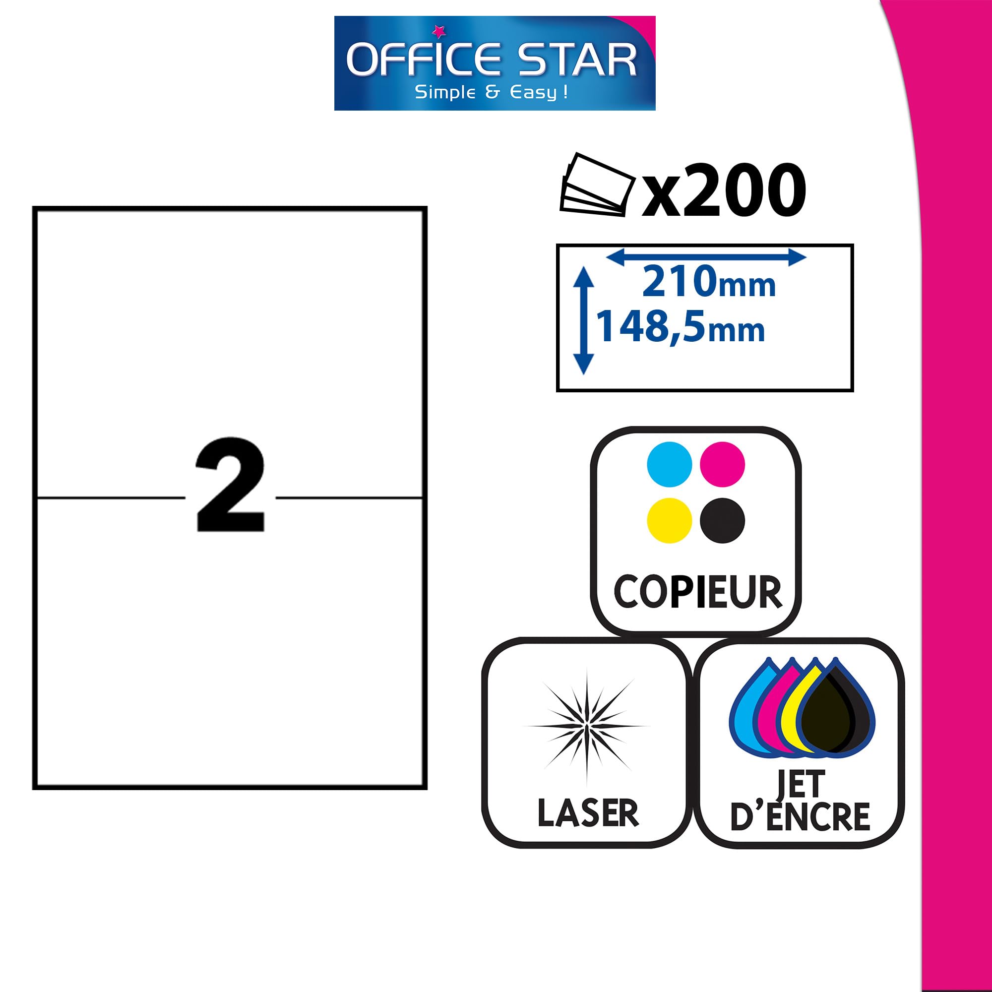 OFFICE STAR - 200 Étiquettes Autocollantes Multi-Usages Blanches Personnalisables Imprimables - Format 210 x 148,5 mm - Impression Laset Jet d'Encre et Copieur