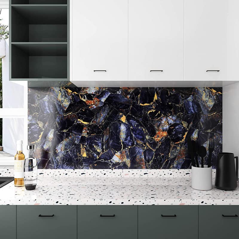 Image of Self Adhesive Gloss Vinyl Wrap Film, High Gloss Marble Furniture Film Wallpaper (24 * 96 inch, Blue Stone)