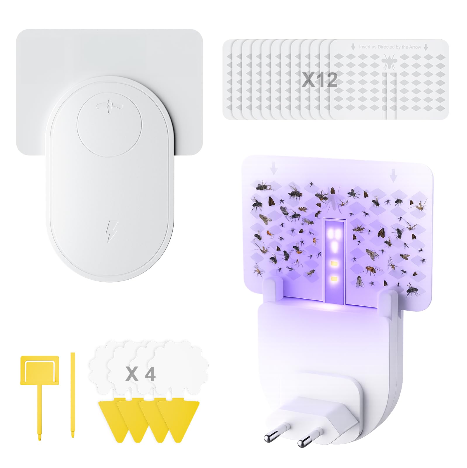 2 Fliegenfalle Innenbereich,Steckdose Fruchtfliegenfalle,Fruchtfliegenfallen für den Innenbereich mit LED-Beleuchtung, geräuschlos,inklusive 12 Klebekarten und 4 Mini-Fruchtfliegenfallen