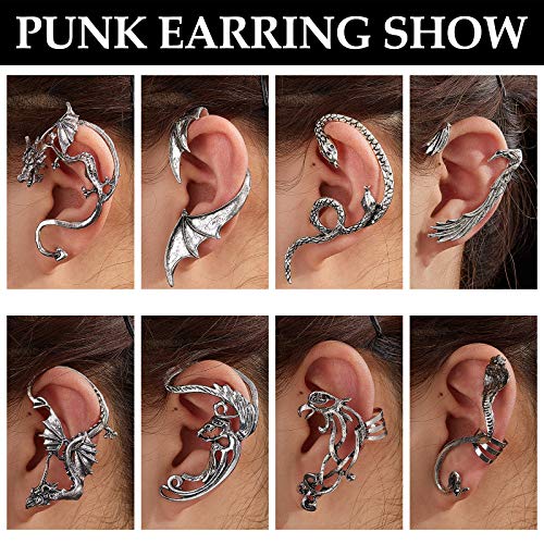 8 Pcs Punk Earrings Dragon Ear Cuff Vintage Retro Snake Bat Crow Ear Climber Earrings Gothic Ear Clip Wrap for Women Men Party Dress3