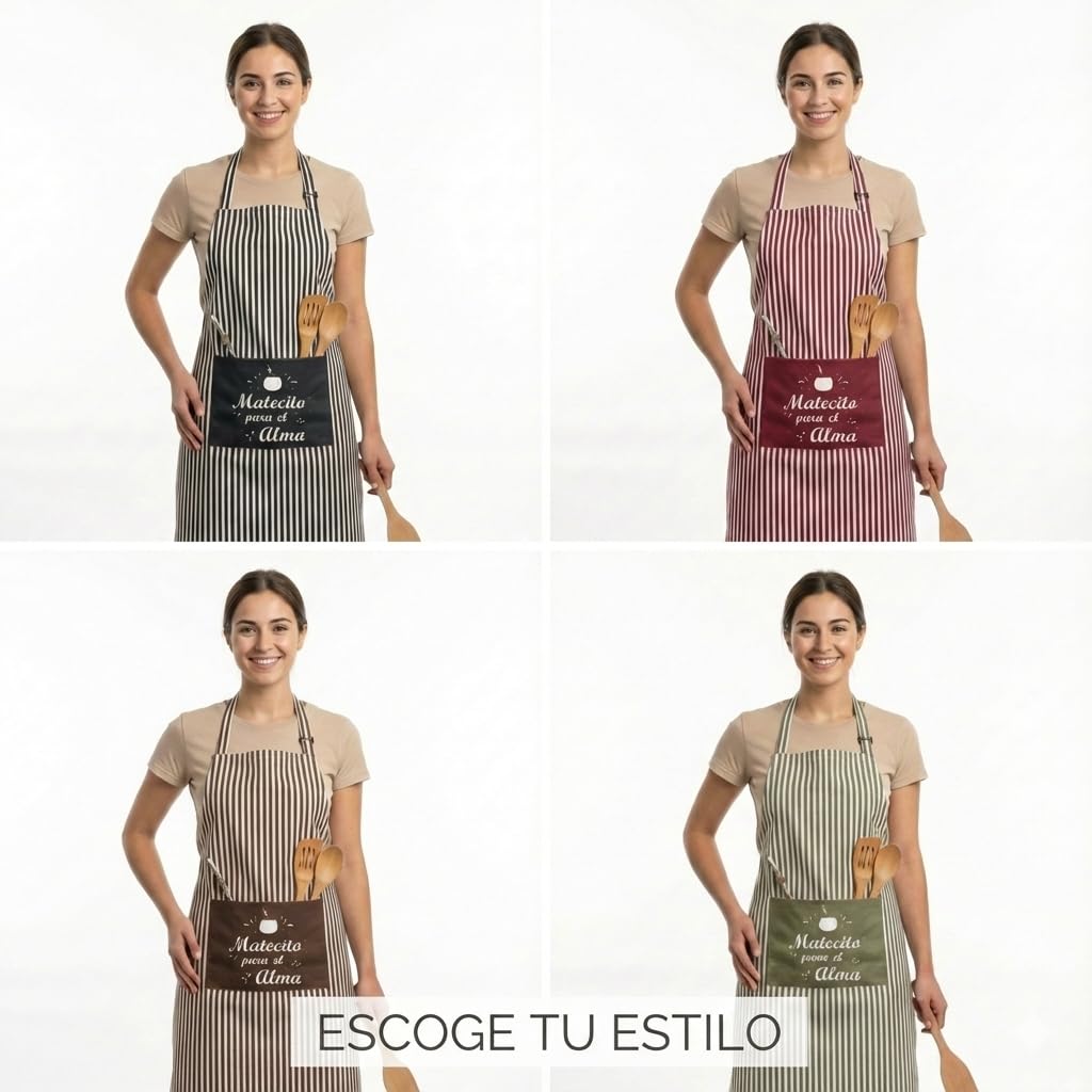 Delantal de Cocina a rayas Frase Matecito para el Alma, Unisex, Ajustable, con Bolsillo, 80x60 cm, Mezcla Resistente Poliéstery Algodón