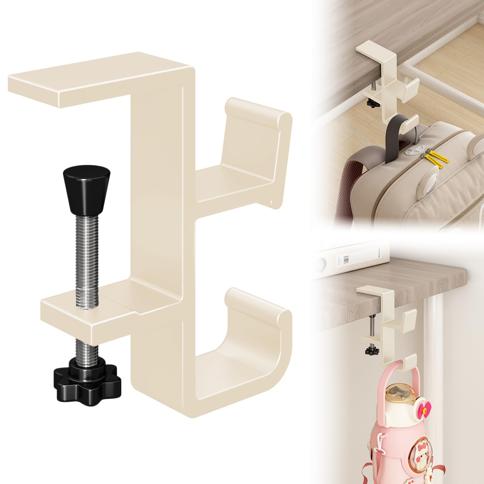 Sereficy Desk Hook for Bag, Under Desk Handbag Hanger Purse Hook for Table, Aluminum Backpack Holder, Desk Mount Hook for Umbrellas, Headphone, Cream
