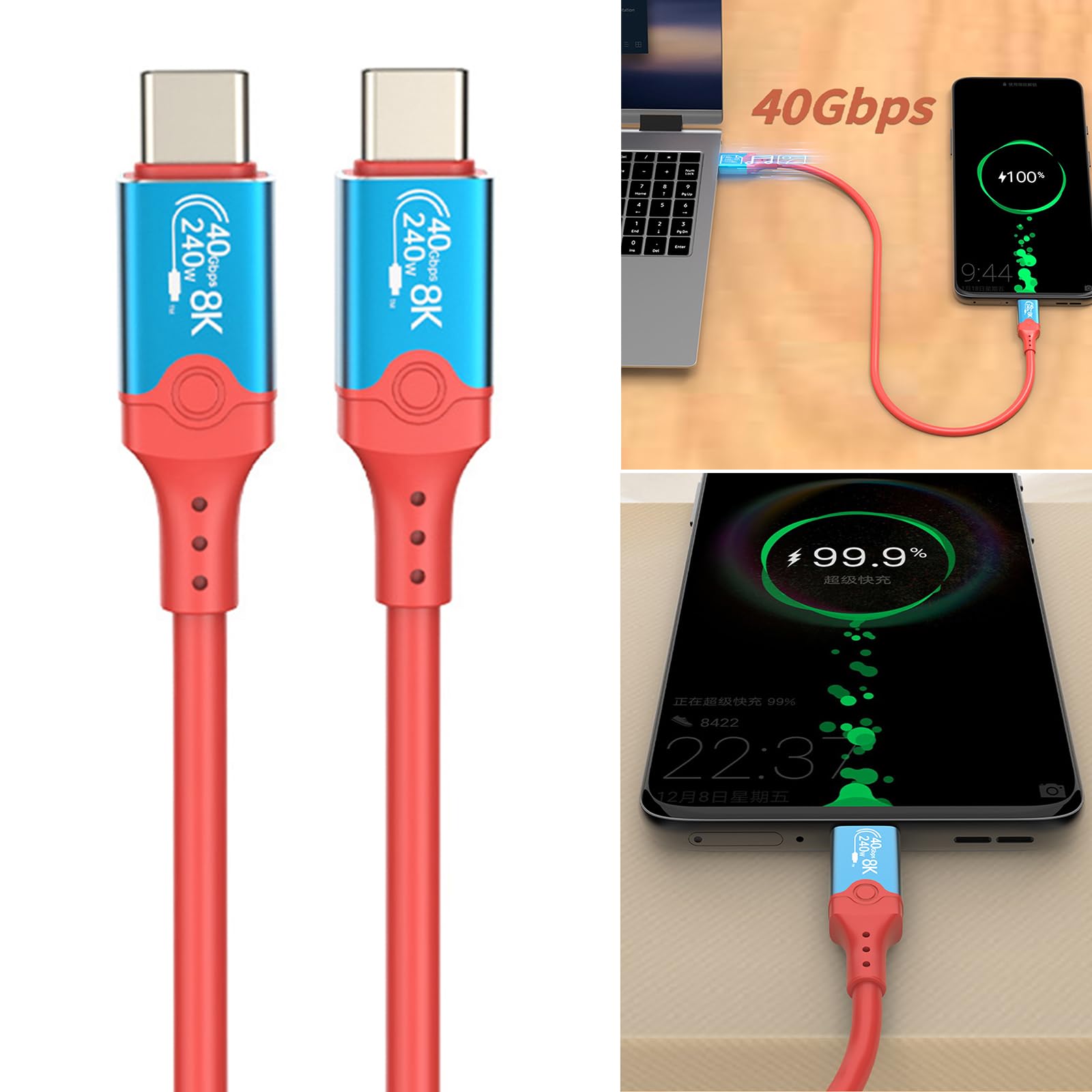 Cable USB C de carga rápida de 240 W, 40 Gbps, transferencia de datos de alta velocidad, soporta 8K a 60 Hz, cable de datos para teléfono