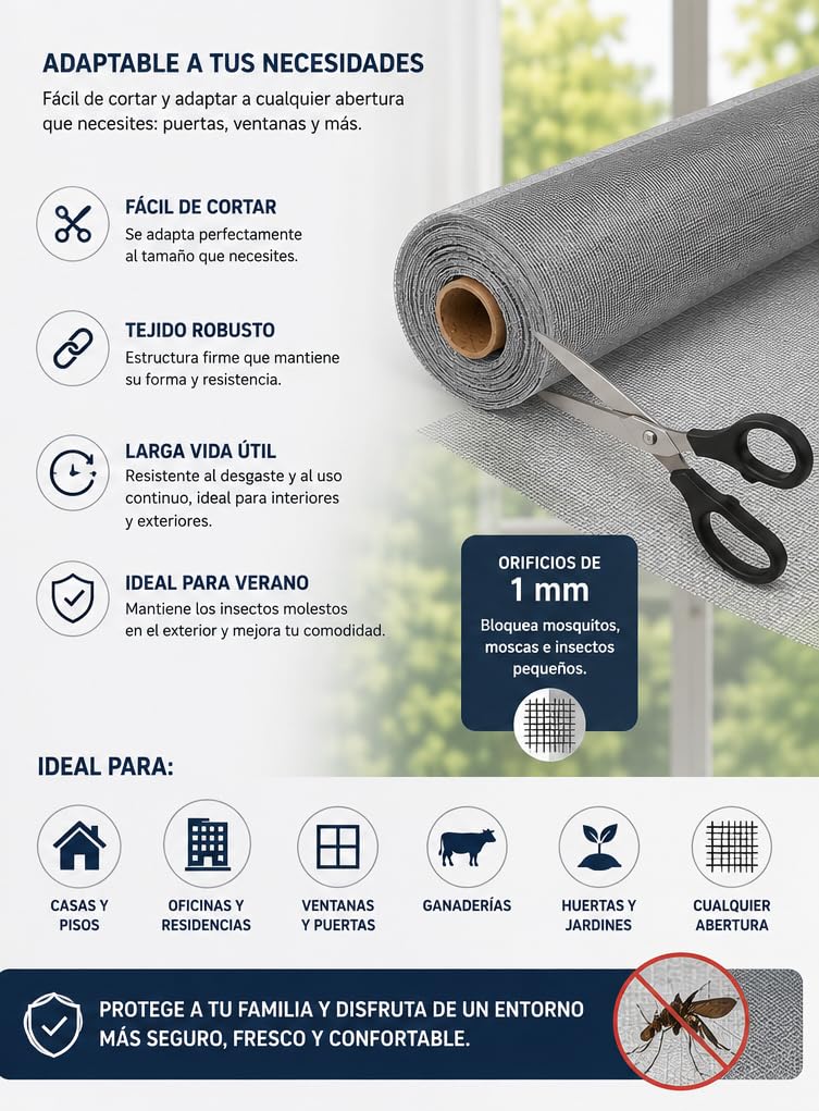 Tela Mosquitera para Puerta y Ventana, Malla mosquitera de Aluminio (150 x 1000 cm)