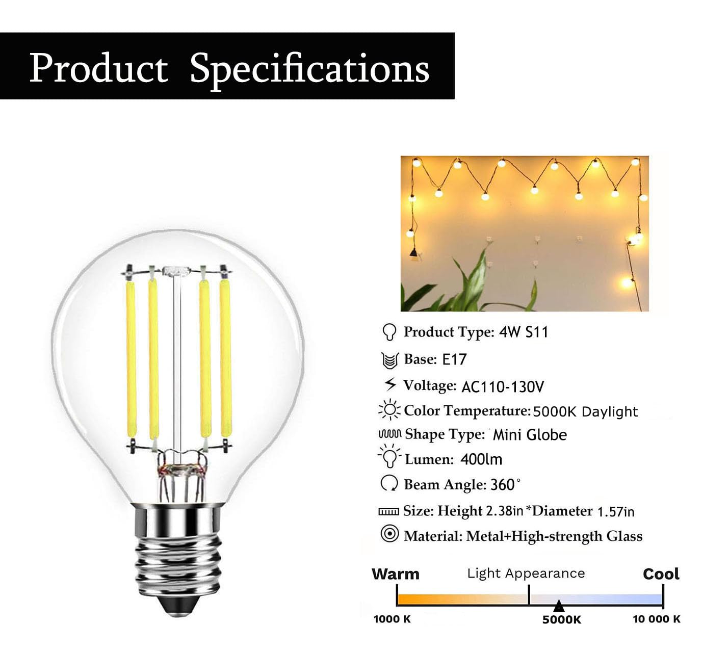 Paquete de 5 bombillas LED S11 E17 de base intermedia Edison Globe equivalentes a 40 W, luz diurna de 5000 K, 4 W para lámpara de noche, lámparas de lava, lámparas de purpurina no regulables 2