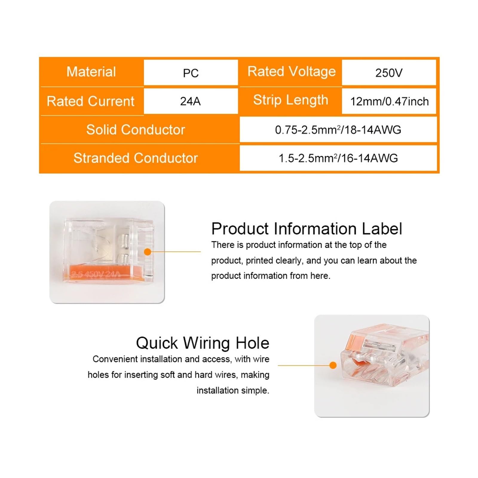 Wire Connector 252 253 254 255 Quick Conectors Compact Wiring Conductor Push-in Terminal Block LED Conector(253(Orange))
