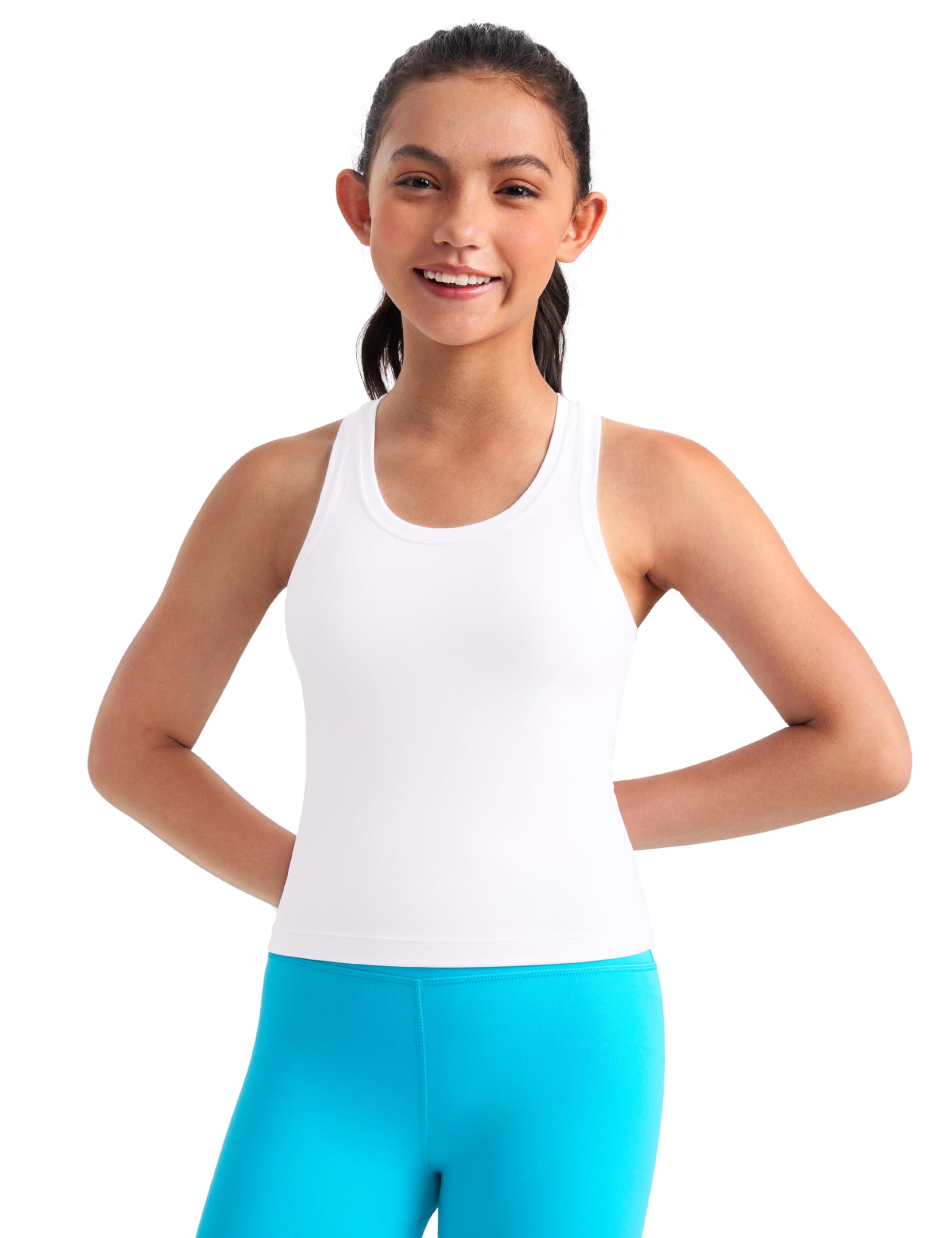 CRZ YOGA Girls Butterluxe Crew Neck Tank Tops Waist Length - Dance Yoga Athletic Casual Racerback Tight Kids Teen