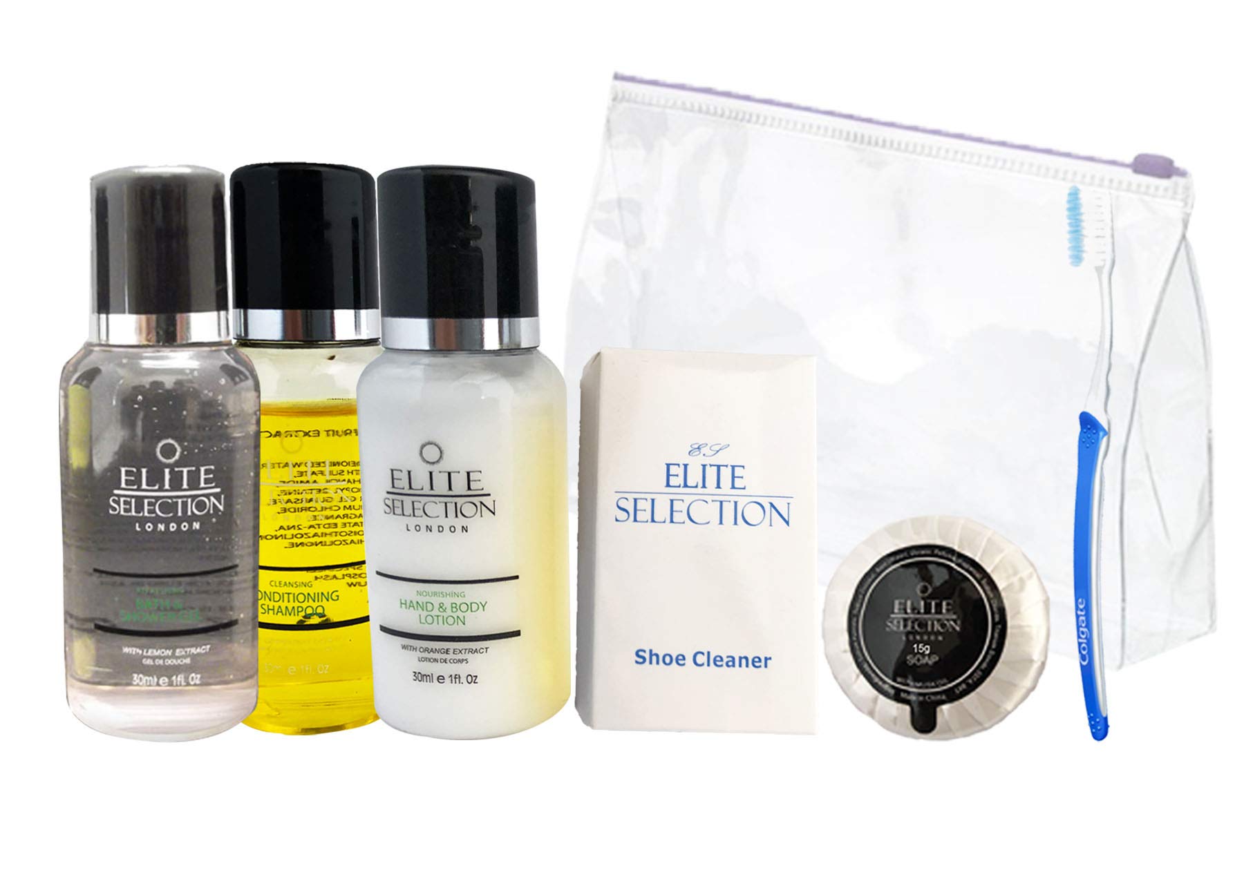 Elite 30 Mil Bottle Set in a Zip Lock PVC Bag, Contains Conditioning Shampoo+Shower Gel+Body Lotion+Soap+Shoe Cleaner+Toothbrush 5 Bags (6 Items per Bag)