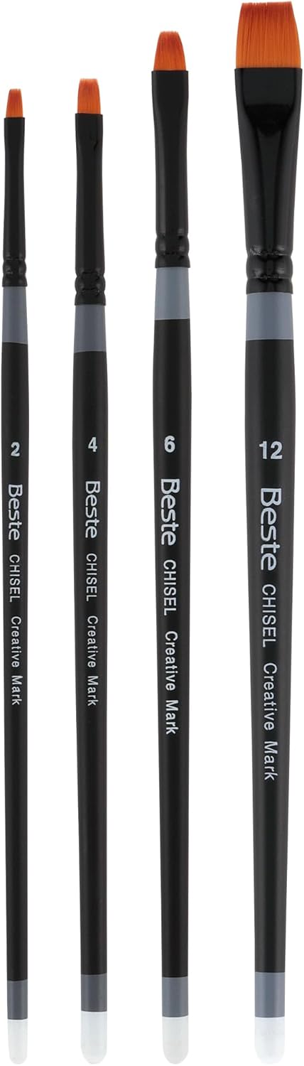 Creative Mark Beste Golden Taklon Chisel #0-2 Pack Artist Brush, Professional Watercolor Brushes, for Acrylic Painting, Short Handle, Sharp Edges, Hand-Tied & Shaped