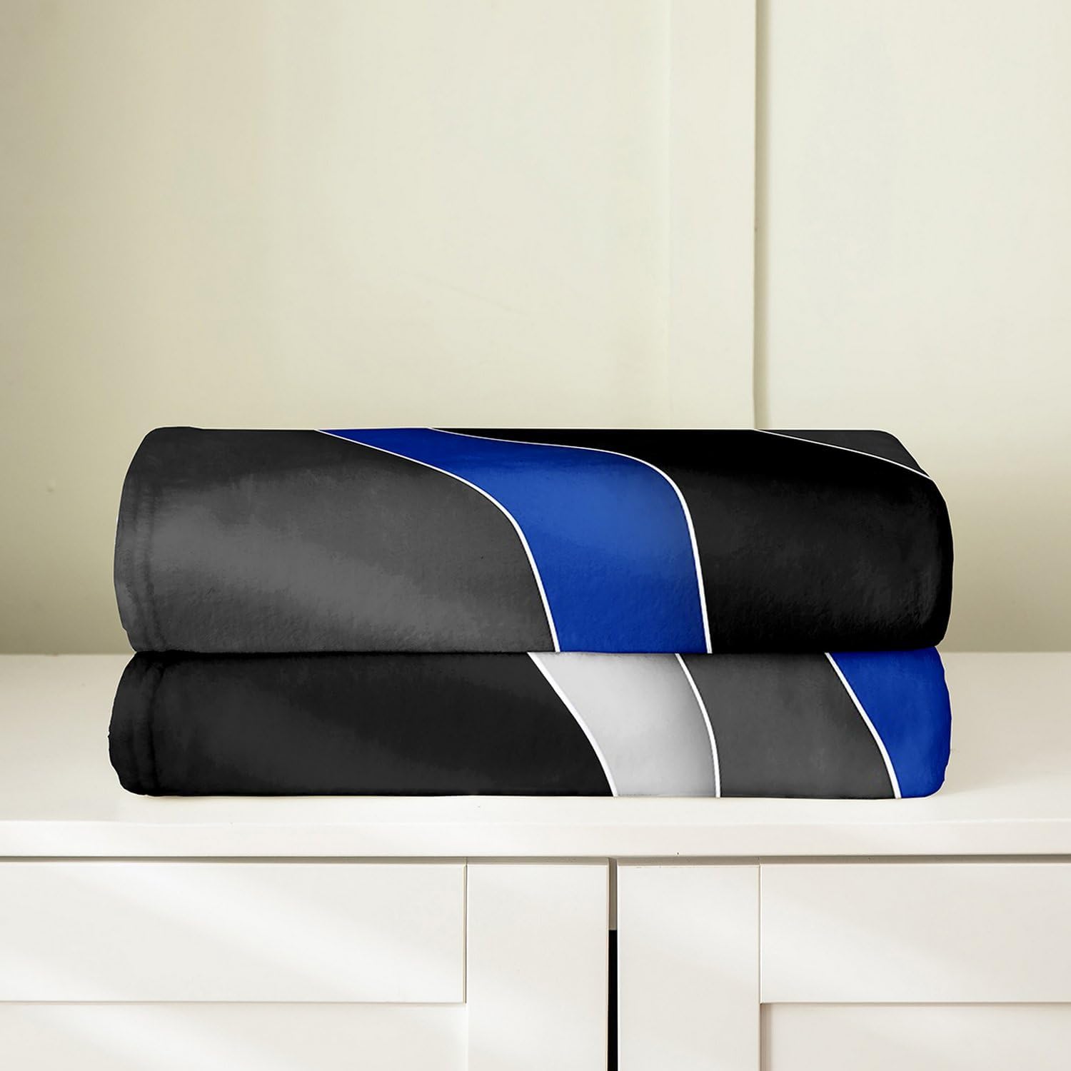 Abstract Waves Fleece Blanket,Black Gray Navy Wavy Lines Gradinet Ombre Bed Blanket for Kids Teens,Modern Geometric Splicing Flannel Blanket for Room Decor,Queen 90"x90"