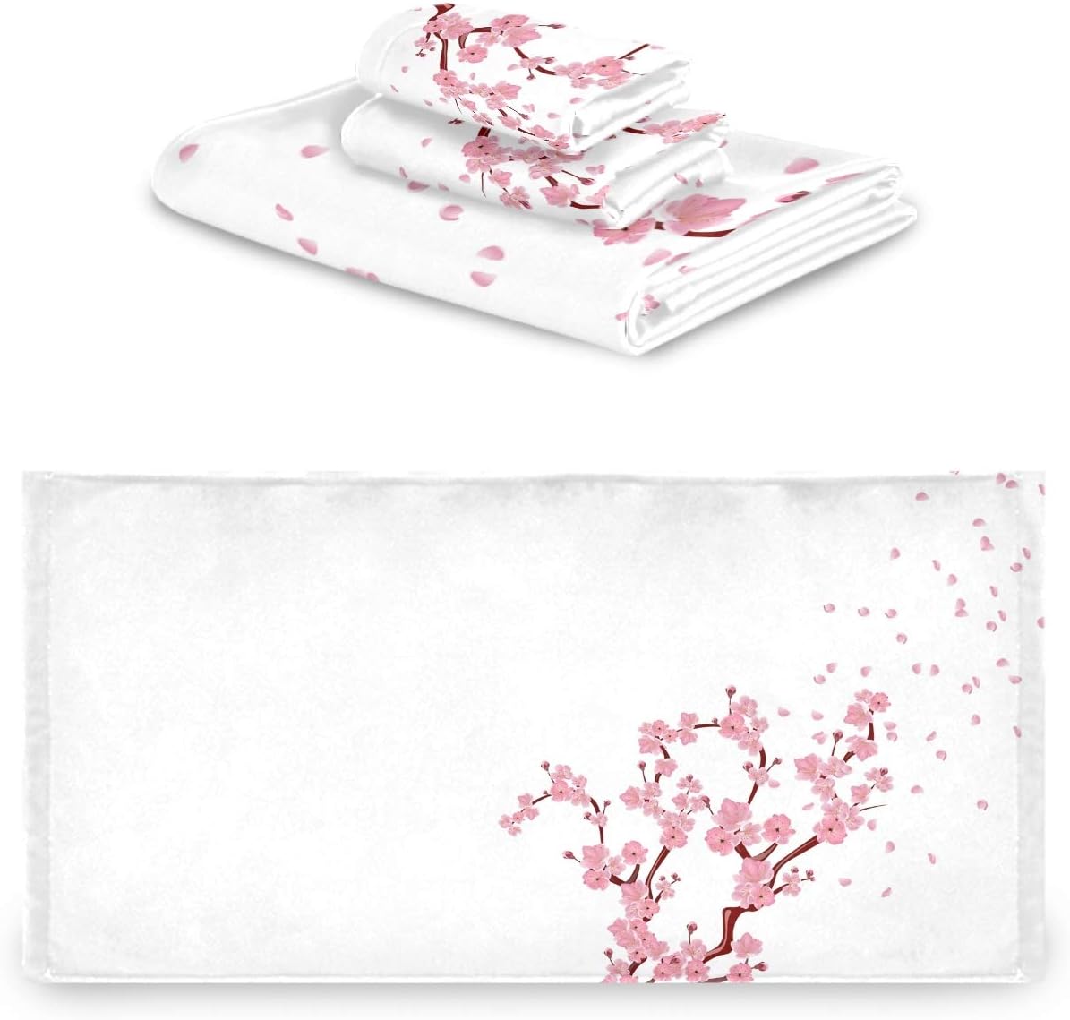Naanle Beautiful Pink Cherry Blossoms with Petals Soft Luxury Decorative Set of 3 Towels, 1 Bath Towel+1 Hand Towel+1 Washcloth, Multipurpose for Bathroom, Hotel, Gym, Spa and Beach