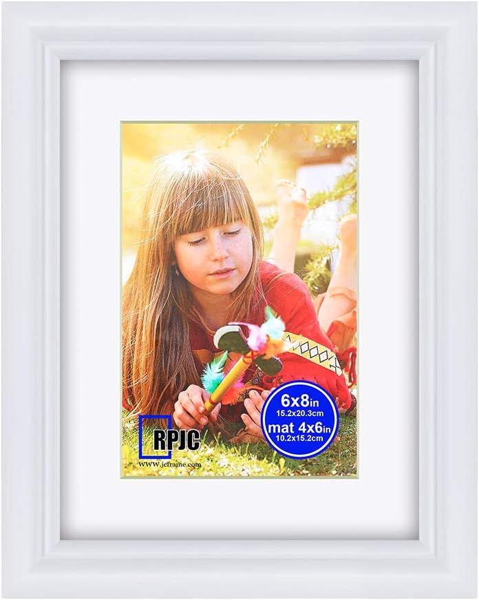 RPJC Solid Wood 6x8 Picture Frame and High Definition Glass Display Pictures 4x6 with Mat or 6x8 Without Mat for Wall Mounting Photo Frame White