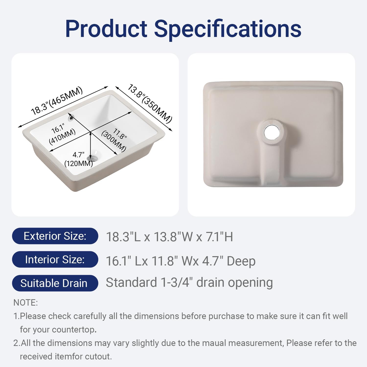 18in Undermount Bathroom Sink Rectangular, 18.1" x 13.8" Vessel Sink Rectrangle Undermount Bathroom Sink White Ceramic Lavatory Vanity Vessel Sink with Overflow