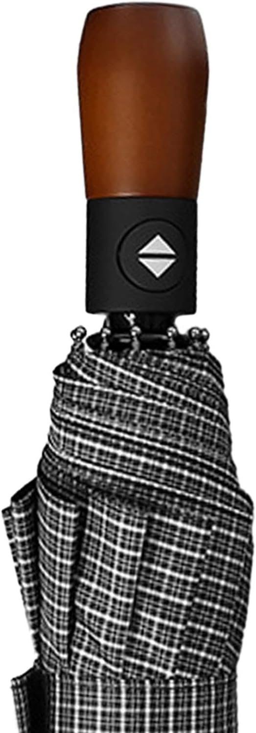 pistro Automatic Folding Umbrella with Strong Wooden Handle for Business Use Plaid Pattern 10 Rib Alloy Frame 41.34x24.41 Inch