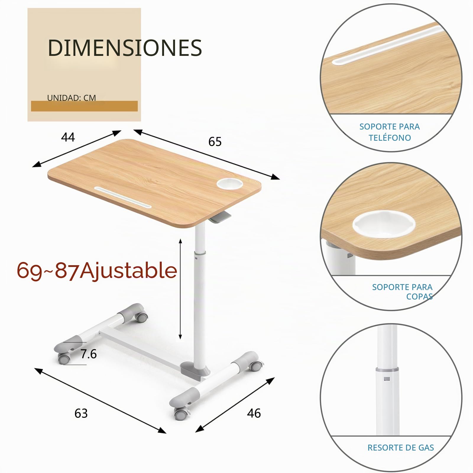 ETHU Mesa de Cama Con Ruedas Giratoria, Ajustable para Portátil, Uso Hospitalario
