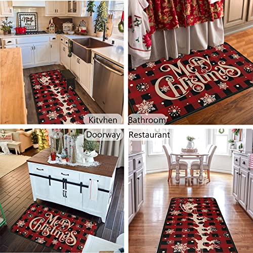 Buffalo Plaid Snowflake Elk Christmas Sleigh Decorative Kitchen Rug Set Of 2, Non-Slip Washable Kitchen Floor Mats For Winter Home Kitchen Christmas Decor, Red And Black Plaid 17X30+17X47Inch #TOP6