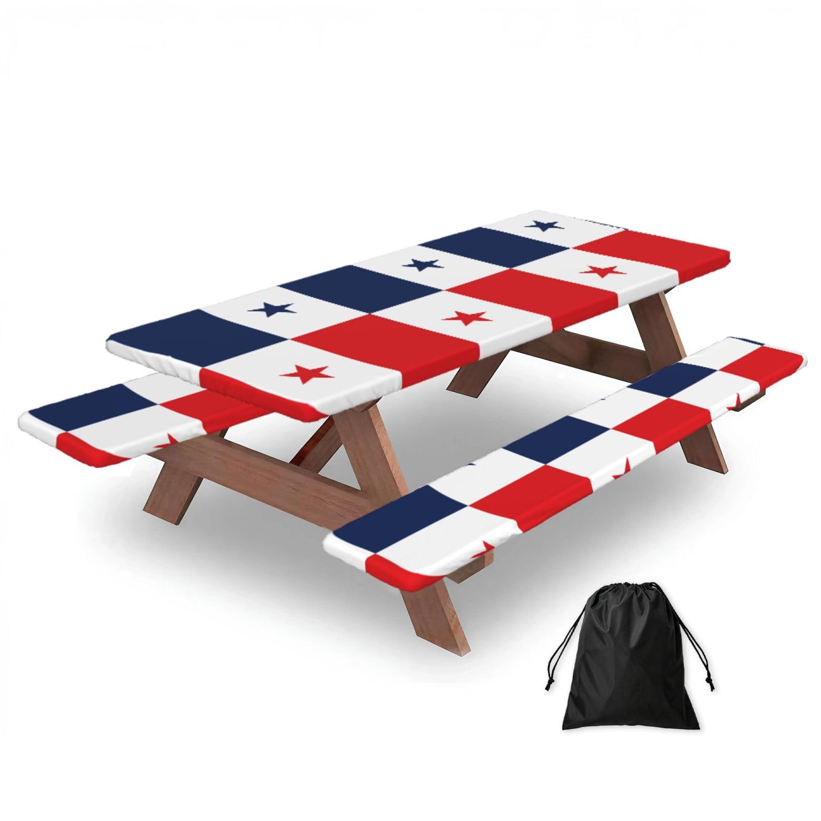 Hhbiuuo Black 72In Camping Table Cover & Bench Covers 3-Pack Set, Flag Of Panama Print Tablecloths, For Rectangle Tables Picnic