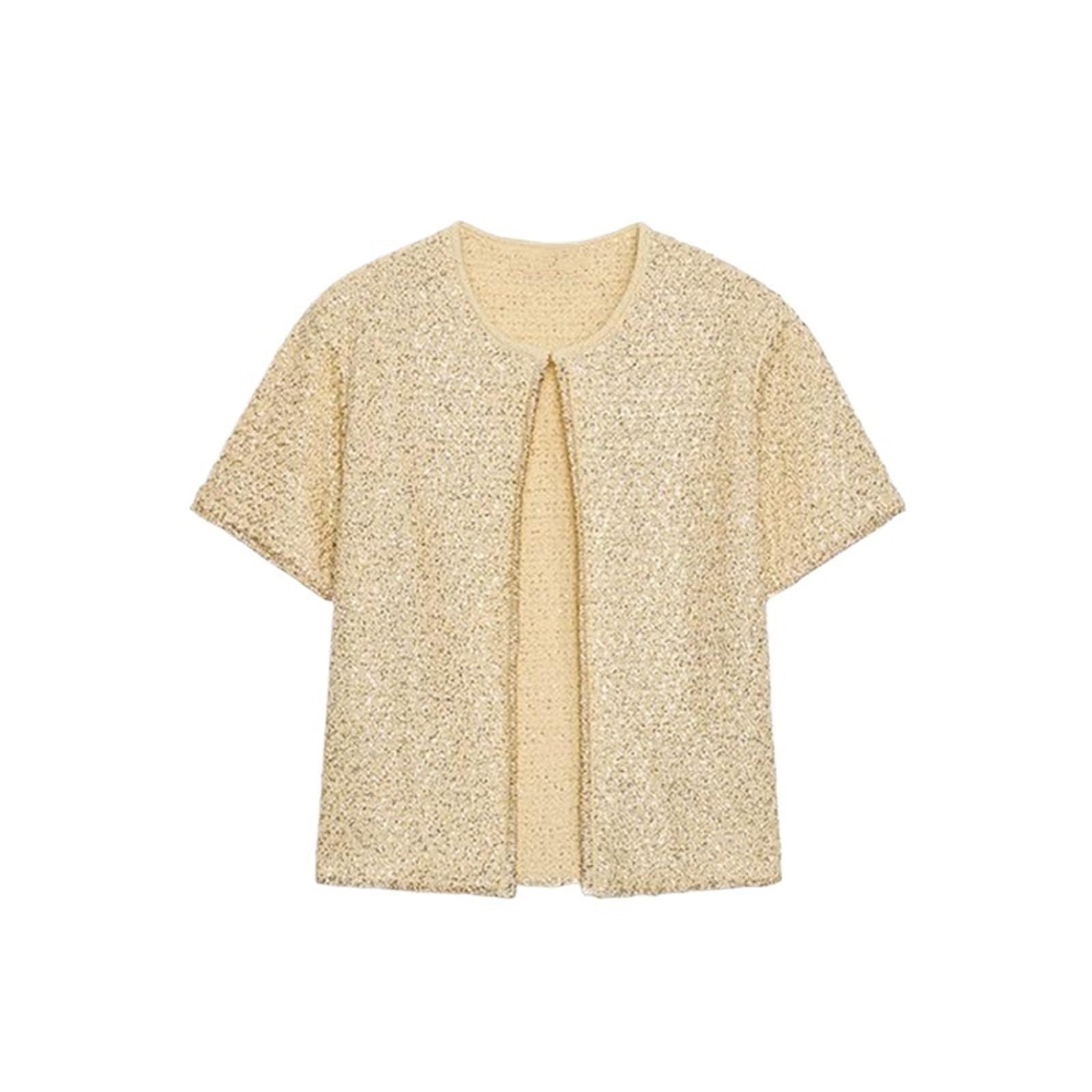 Gilet Sans Manche Femme Cardigan en tricot à paillettes for femme, col rond, manches courtes, boutons, sans, avec bretelles(Yellow cardigan,S)