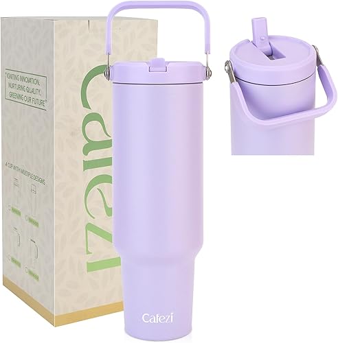 Miniatura 19 de Vaso de 40 onzas con tapa y pajilla, de acero inoxidable aislado al vacío con popote abatible y asa superior, botella de agua aislada reutilizable