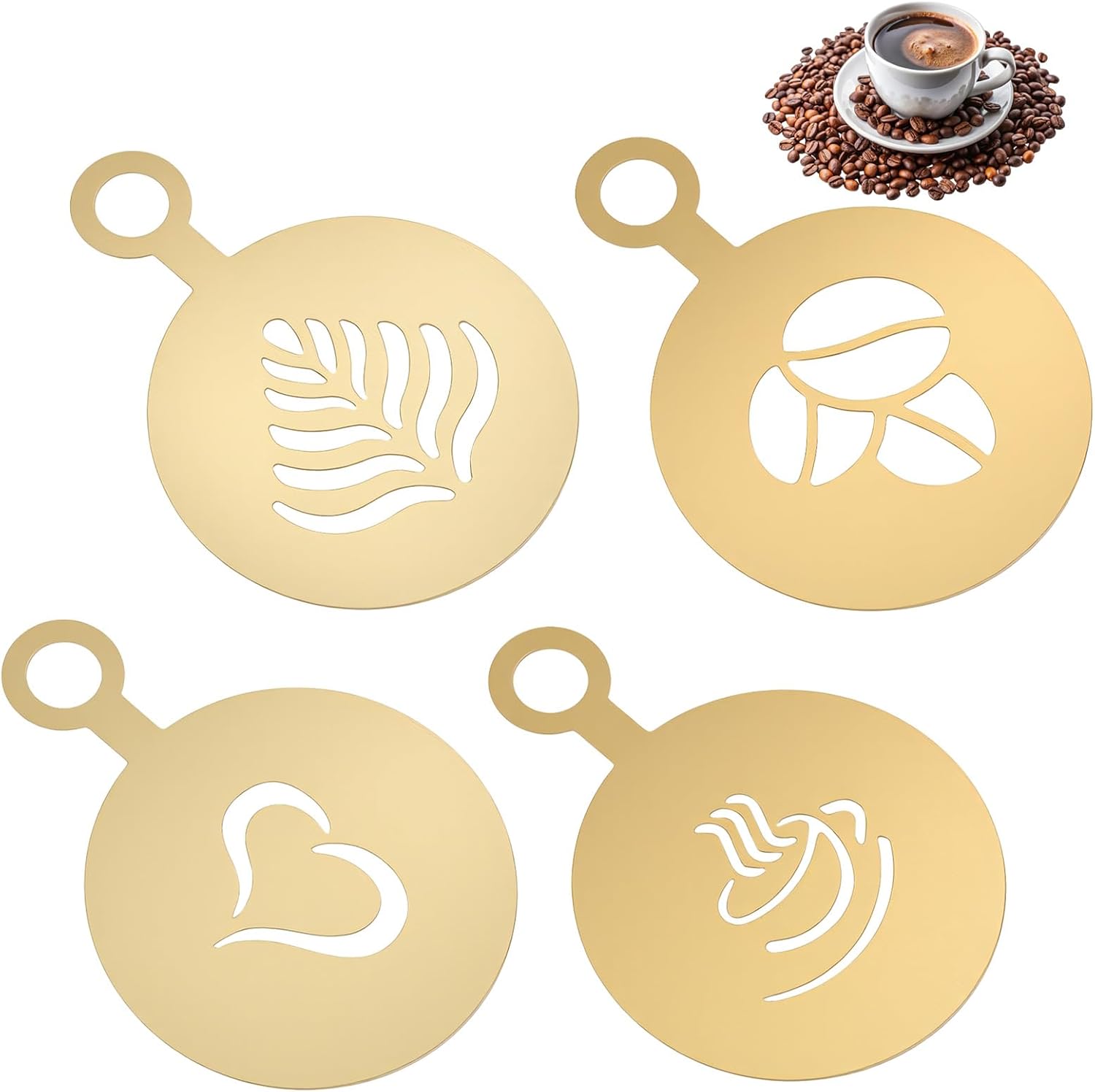 4 Pcs Coffee Stencils,Stainless Coffee Stencils Latte Art,Latte Art Stencil,with Various Patterns for Cappuccino Chocolate Lattes Cake Decorating Coffees Shop and Home Use,Gold
