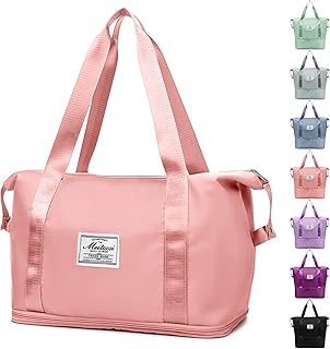 شنطة سفر قابلة للطي وبسعة كبيرة قابلة للتوسيع، اكياس قابلة للفصل جافة ورطبة للنساء، مناسبة للسفر وخفيفة الوزن ومقاومة للماء, زهري