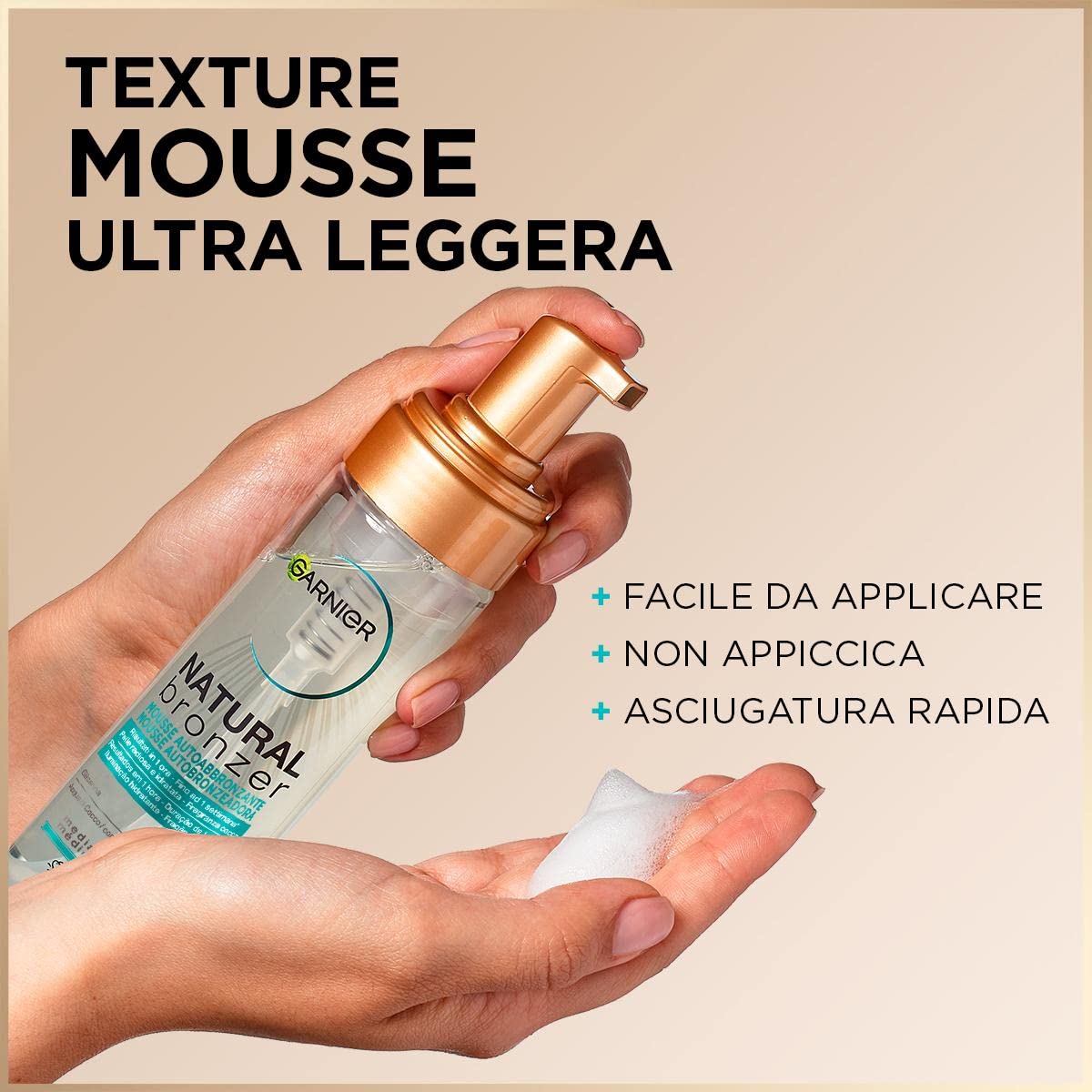 Garnier Ambre Solaire Mousse Autoabbronzante Natural Bronzer, Viso e Corpo, Per un'Abbronzatura Naturale fino ad Una Settimana, Formula Vegana Arricchita con Acqua di Cocco Idratante, 200 ml