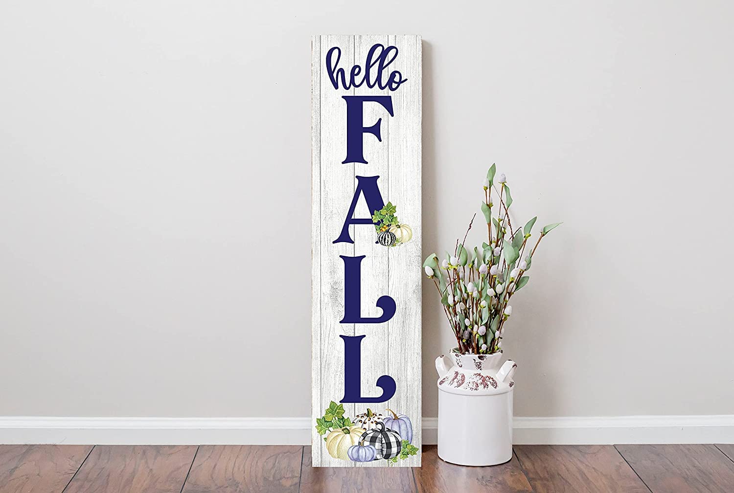 Porch Welcome Sign, Navy Blue Hello Fall Vertical Metal Tin Sign Farmhouse Welcome Sign Front Porch Vertical Metal Tin Sign Home Decor 16x4 Inch