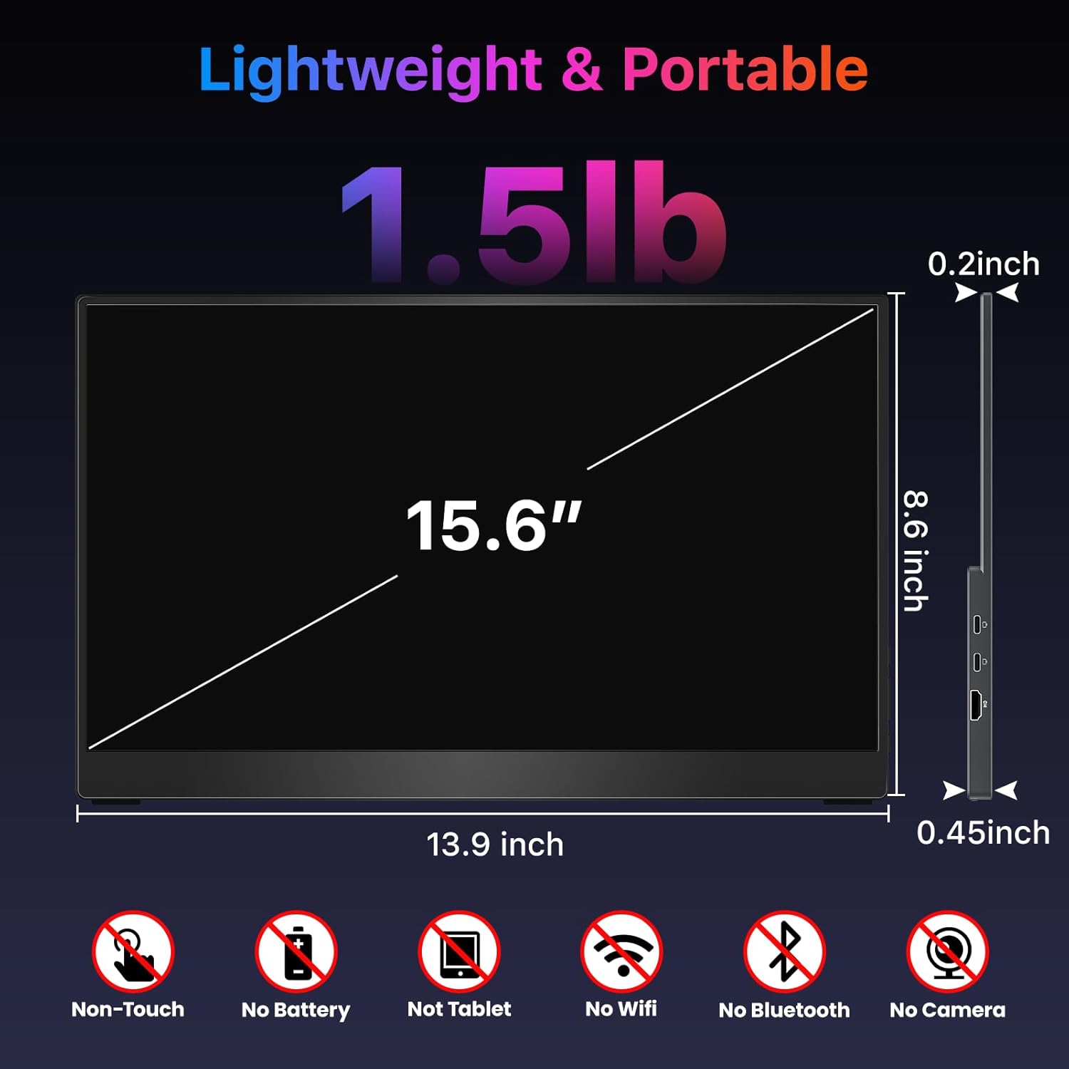 Portable Monitor 15.6 inch 4K UHD 145% sRGB 60Hz, Travel Monitor for Laptop MacBook Surface PC Xbox PS5, HDMI USB-C VESA Compatible Built-in Speaker