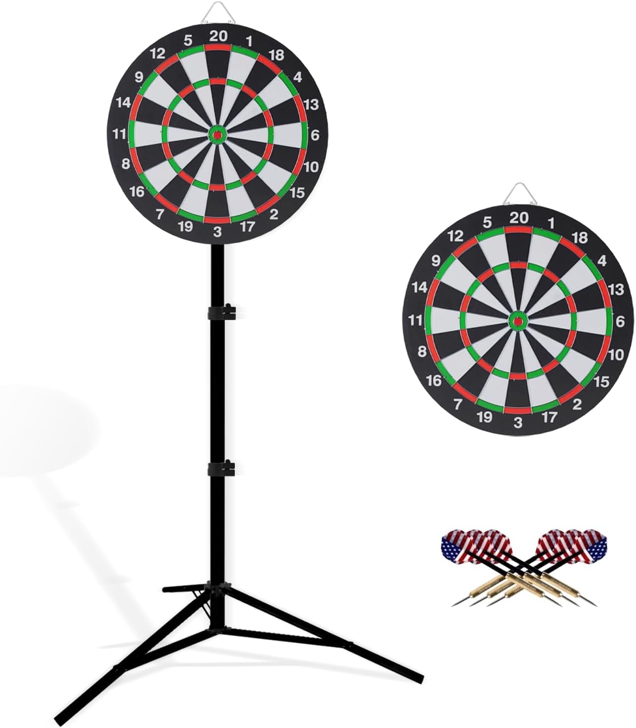 Bersaglio per freccette con supporto, 86-188 cm, regolabile in altezza, bersaglio da 46 cm, robusto tre piedi, design portatile con 6 freccette per viaggi, casa, pub o giochi all'aperto