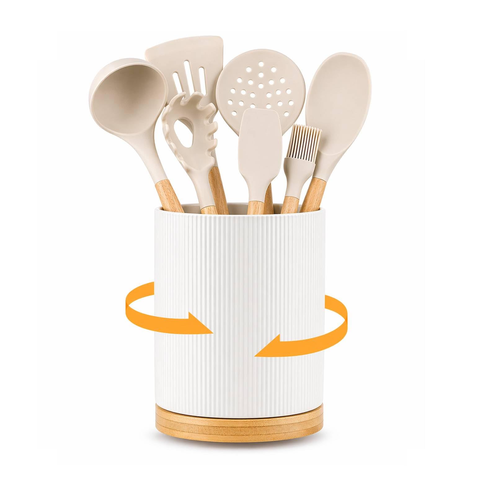Sunnynest White Utensil Holder 1Pcs 360° Rotating Utensil Holder,Large Ceramic Rotating Utensil Jar,15.5X19.6cm Countertop Organizer For Kitchen Cooking Utensils Set, Cutlery Caddy, Spoons.