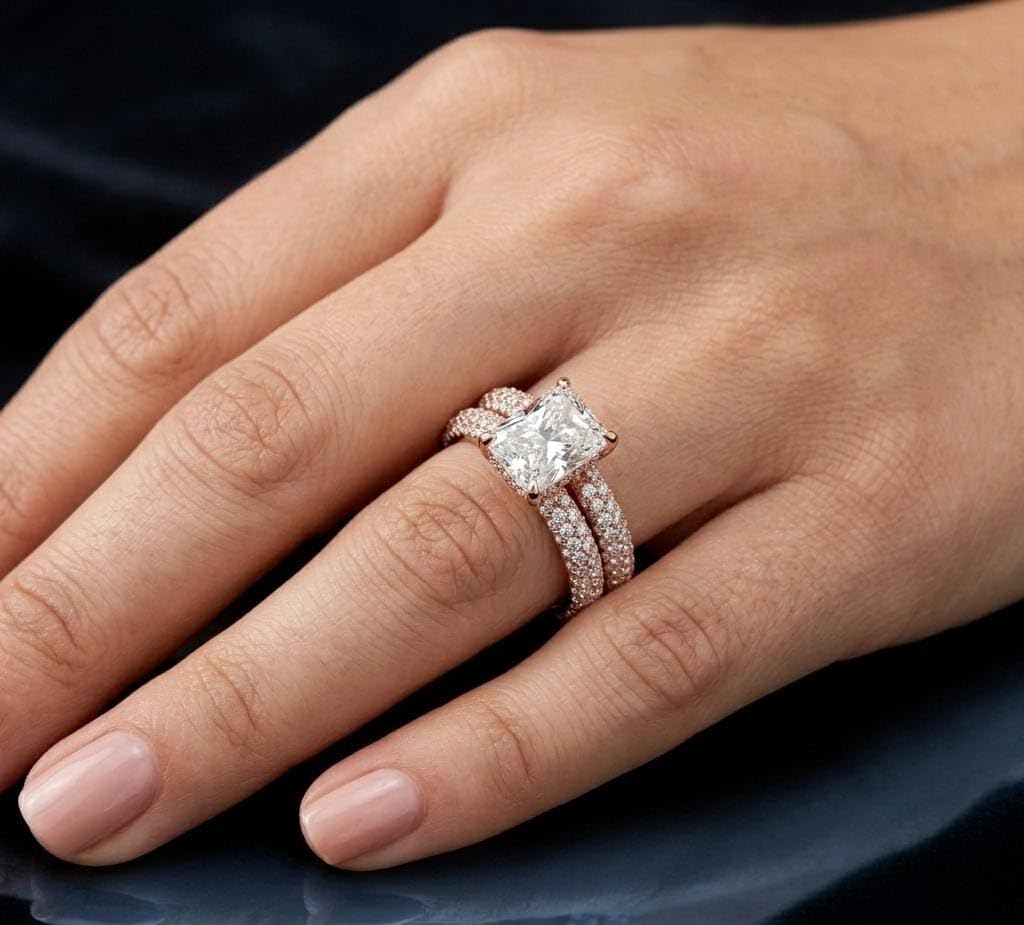 1-5 Ct Rose Gold Radiant Cut Engagement Ring Set for Women – Double Band Pave CZ Diamond Wedding Promise Ring, Stackable Bridal Jewelry