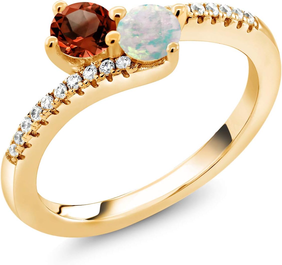 Gem Stone King 18K Yellow Gold Plated Silver Red Garnet and White Opal Bypass Ring For Women | 0.86 Cttw | Gemstone January Birthstone | Round 4MM | Wedding Engagement Anniversary Promise Ring