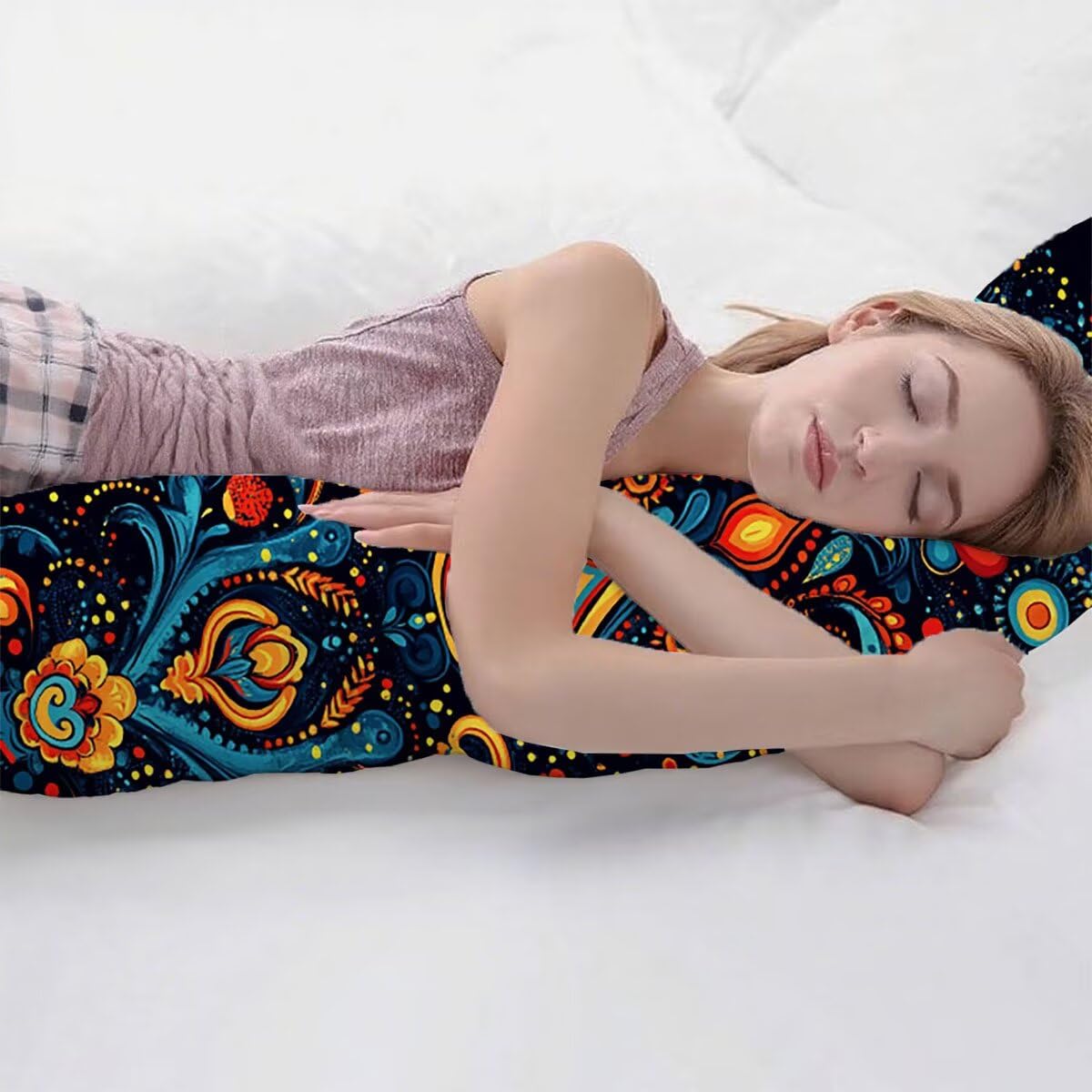 Seitenschläferkissen Bezug Böhmen Kissenbezug 60 x 180 Schwangerschaftskissen Geometrie, Leinen Atmungsaktiv und Weich Body Pillow, für Deko Wohnzimmer Sofa Kopfkissenbezug, Geschenke für Fraue T-3663