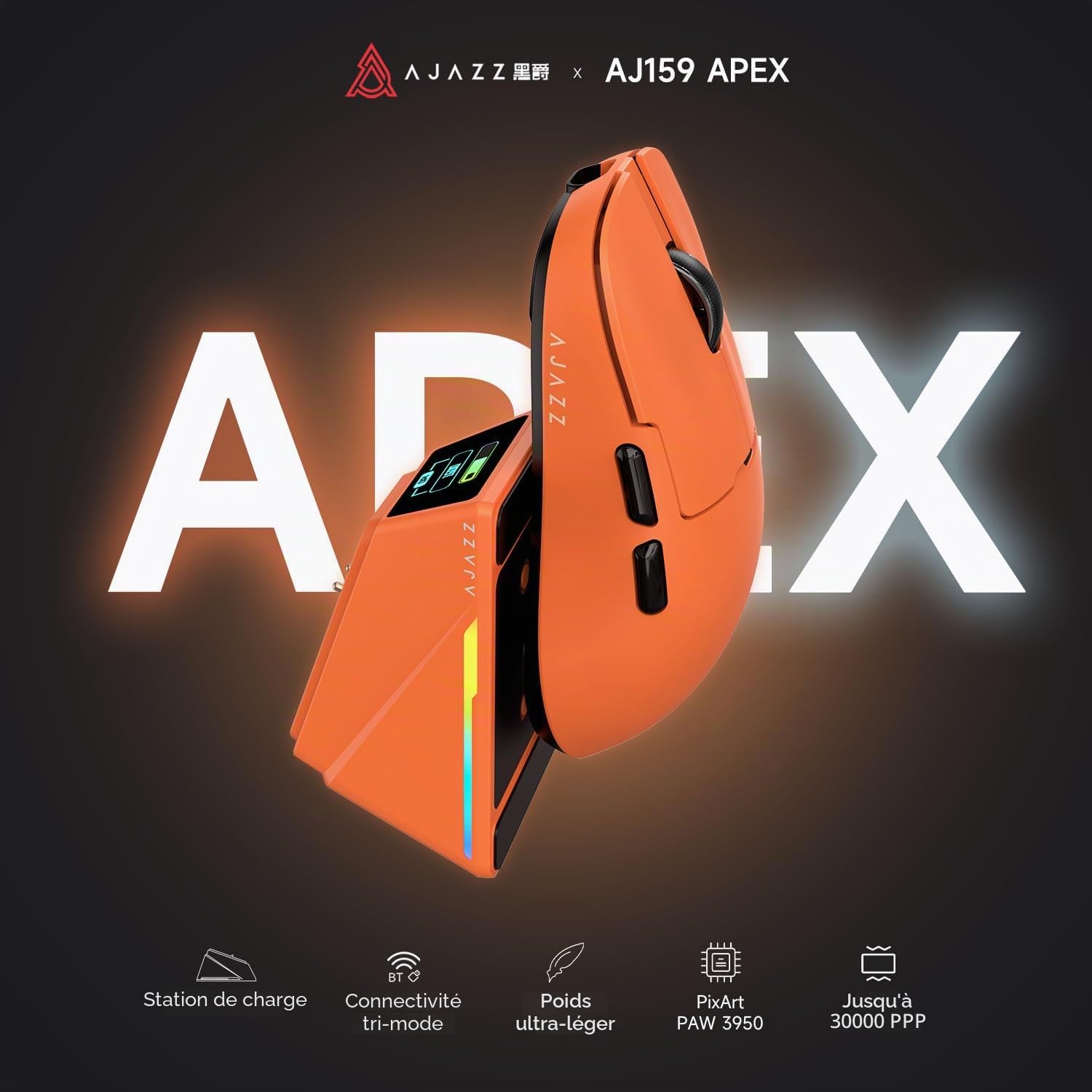 AJAZZ AJ159 APEX Wireless Gaming Mouse with RGB Magnetic Charging Base, Lightweight 56 Gram Design, 2.4G/USB-C/BT, 400 mAh Battery, 42K DPI, 8000Hz Response Rate, Compatible with PC and Mac, Orange