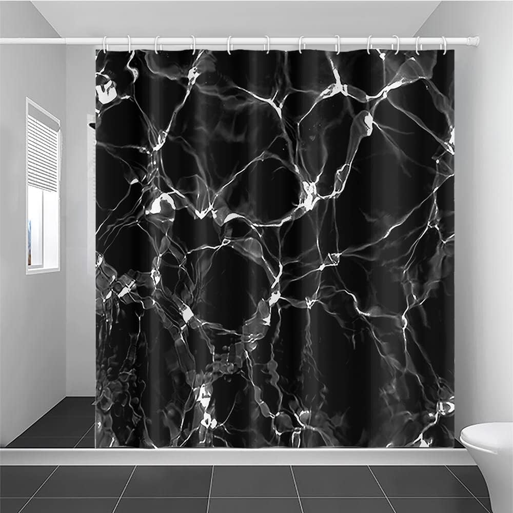 Black Shower Curtain, Black Marble with White Lines Crack Waterproof Bathtub RV Decoration for Bathroom Abstract Modern Luxury Polyester Fabric Shower Curtains with Hooks 72x78 inches